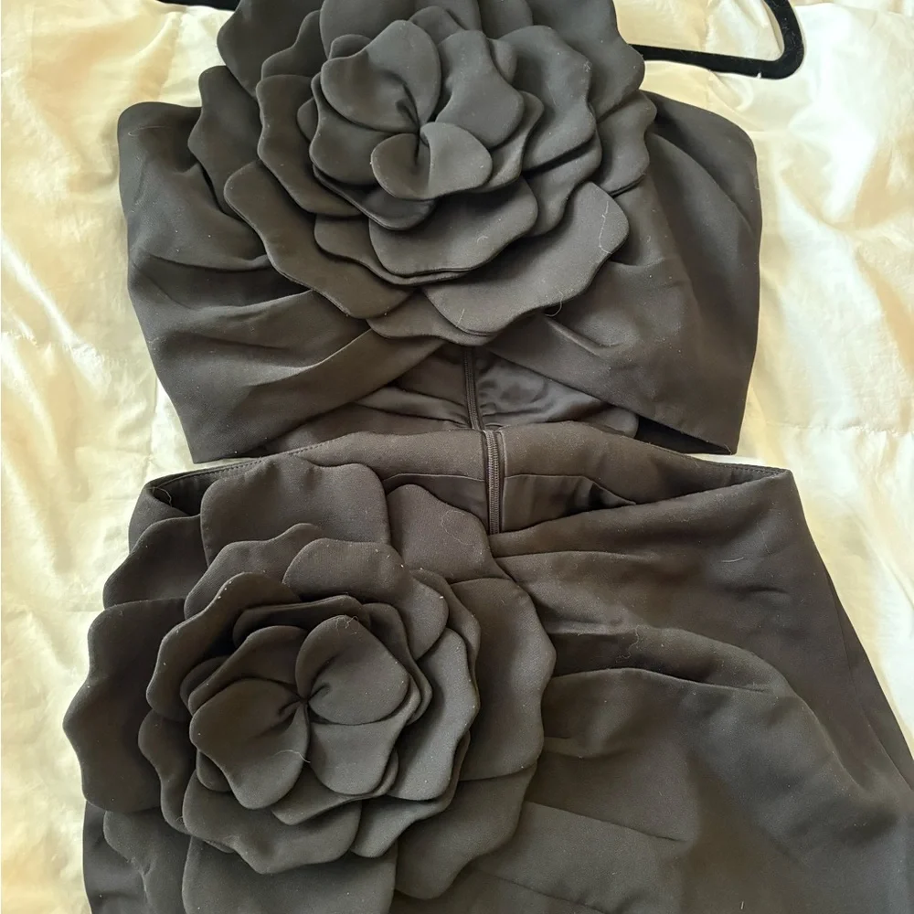 Lovers + Friends Black Maxi Skirt with Floral Appliqué and High Thigh Slit